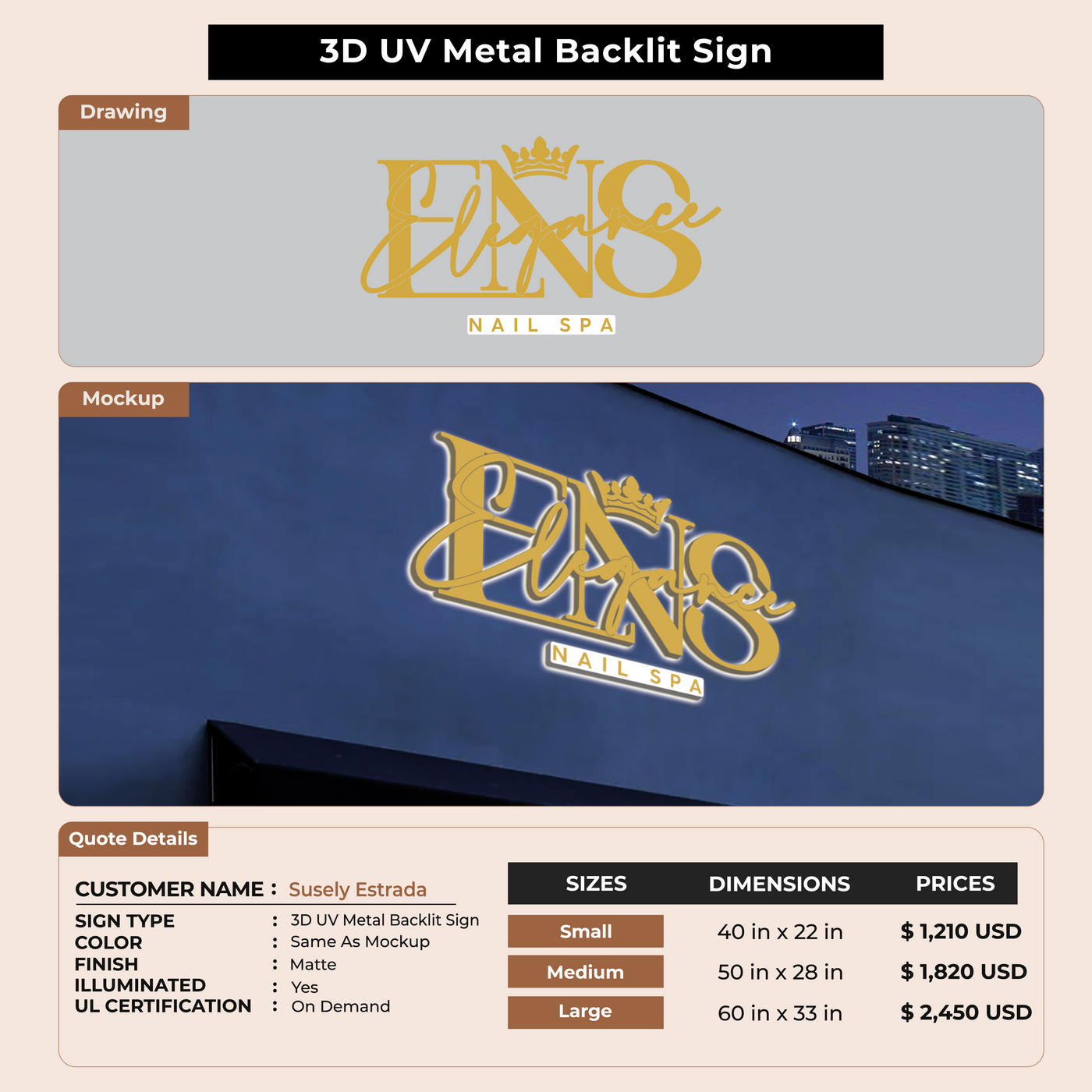 3D UV Metal Back-lit Sign For Susely Estrada