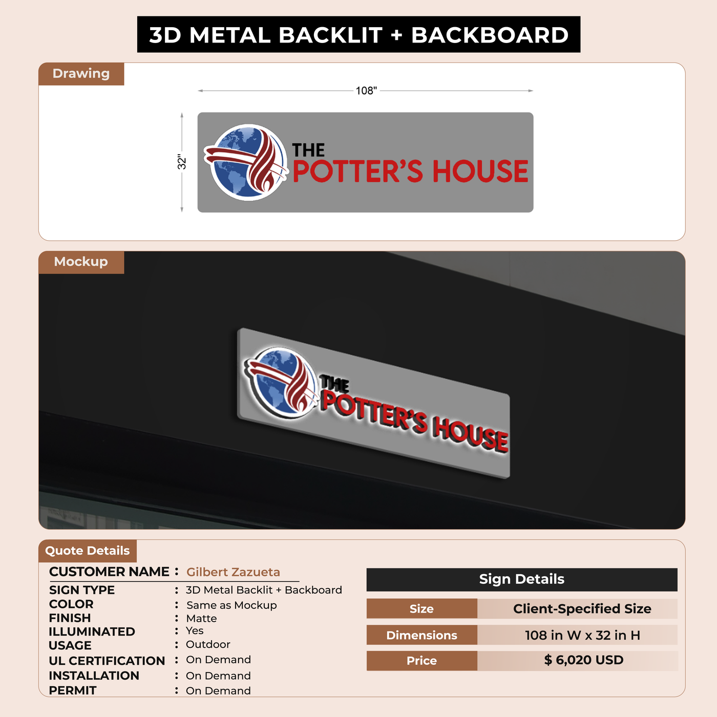 Metal Backlit Sign With Backboard for Gilbert Zazueta