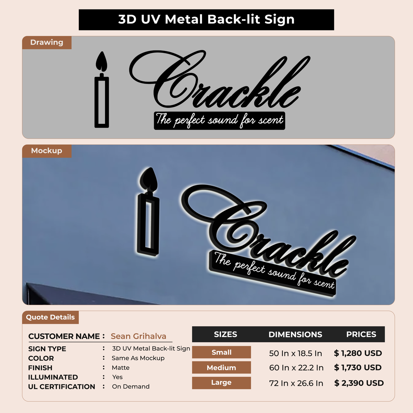3D UV Metal Back-lit Sign For Sean Grihalva