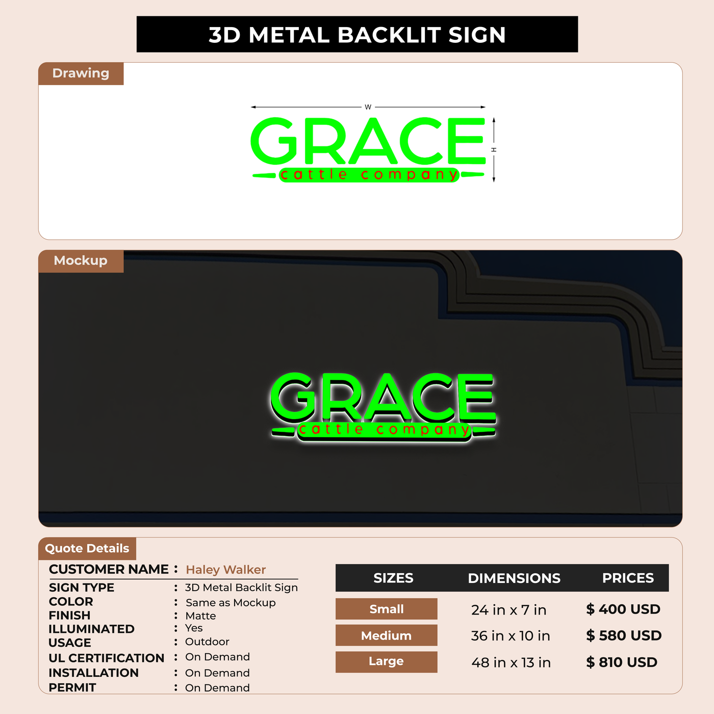 3D Metal Back-lit Sign For Haley Walker