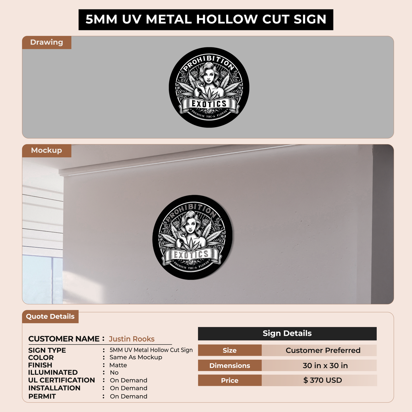5mm UV Metal Hollow Cut Sign for Justin Rooks
