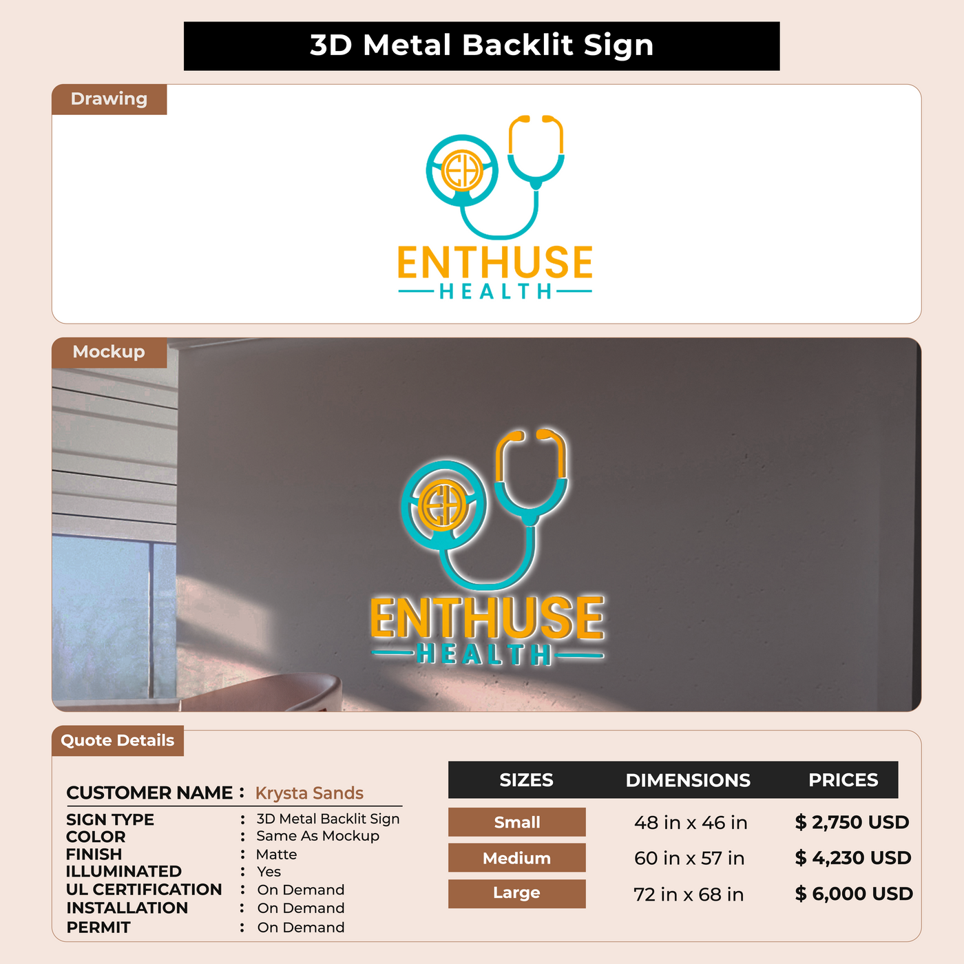 3D Metal Backlit Sign for Krysta Sands