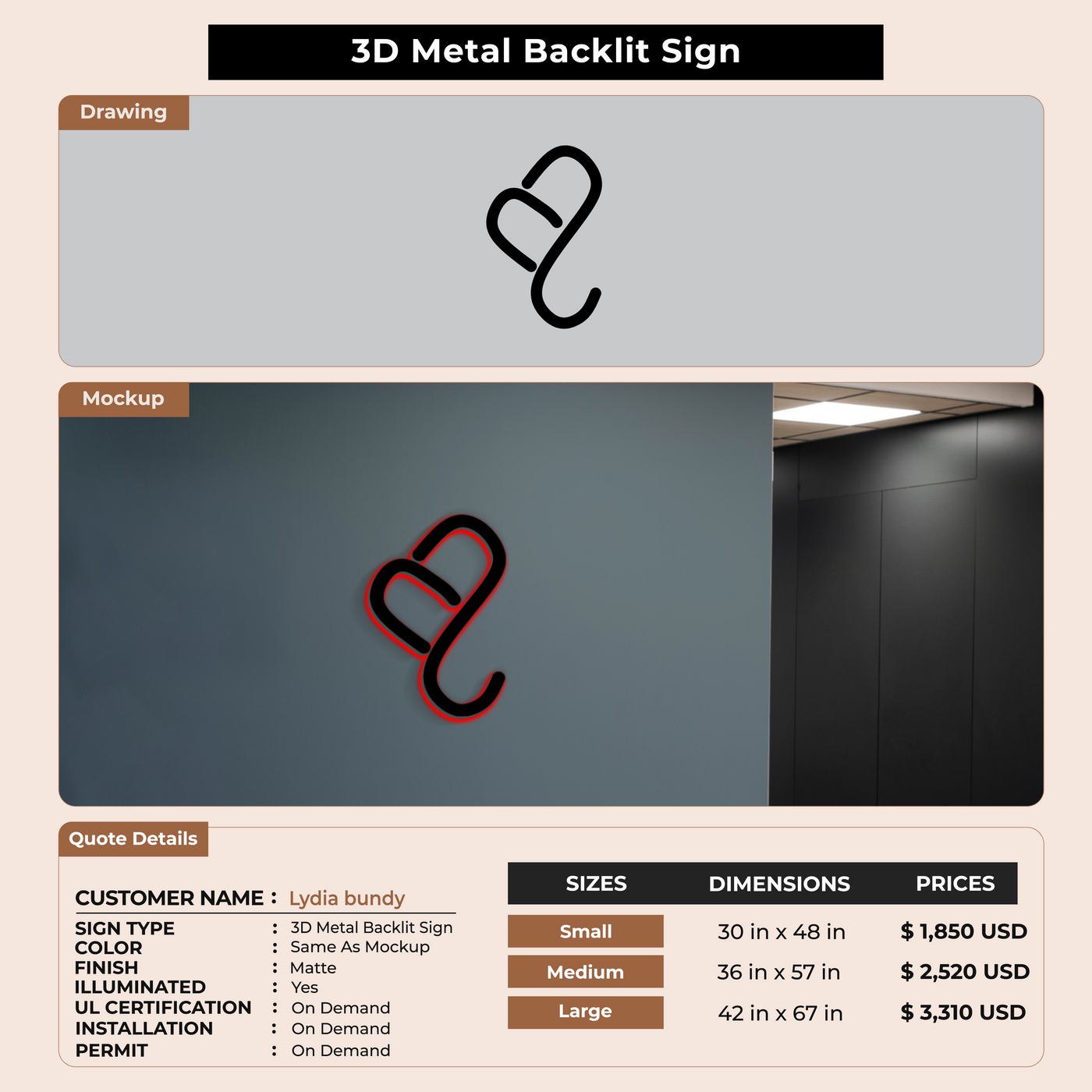 3D Metal Back-lit Sign For Lydia bundy