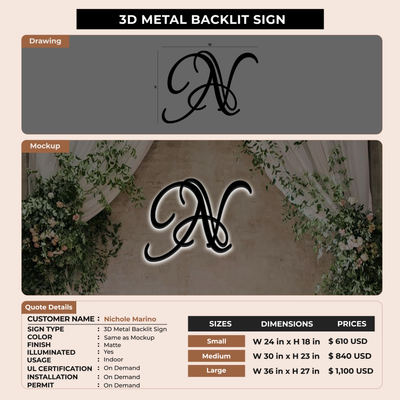 3D metal Backlit Sign for Nichole Marino