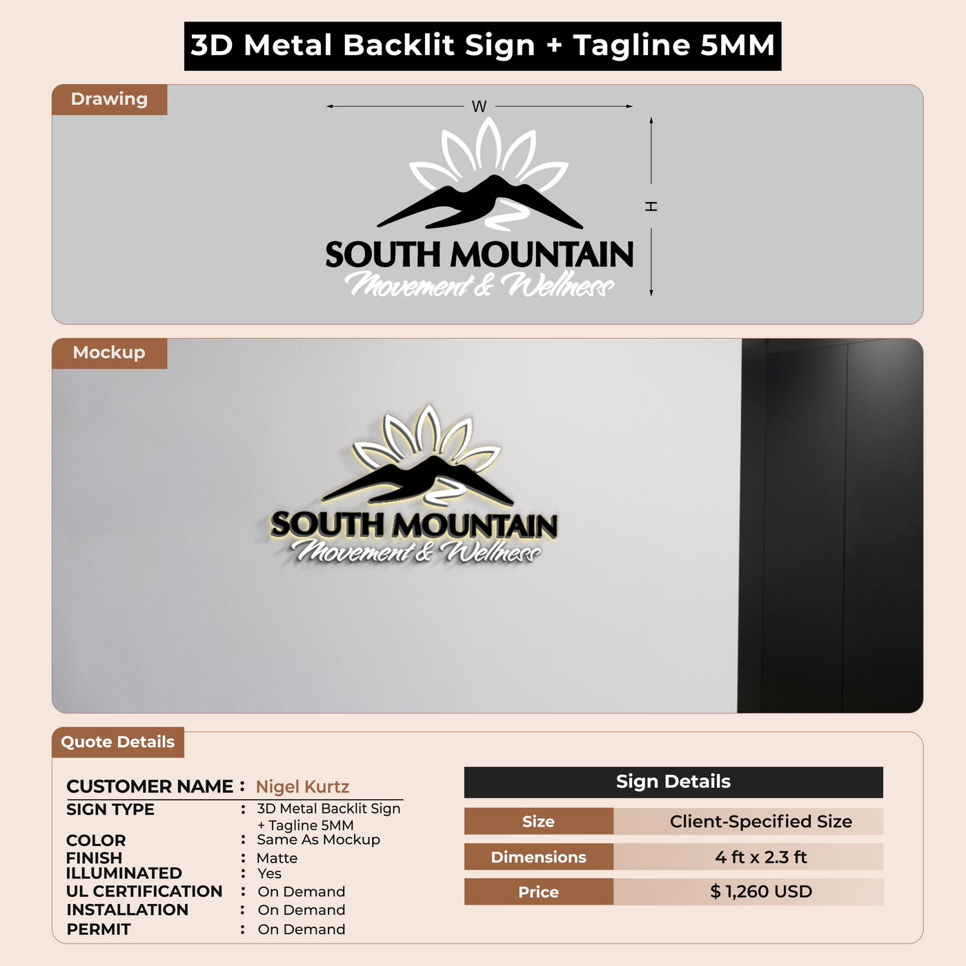 3D UV Metal Back-lit Sign + tagline 5MM For Nigel Kurtz