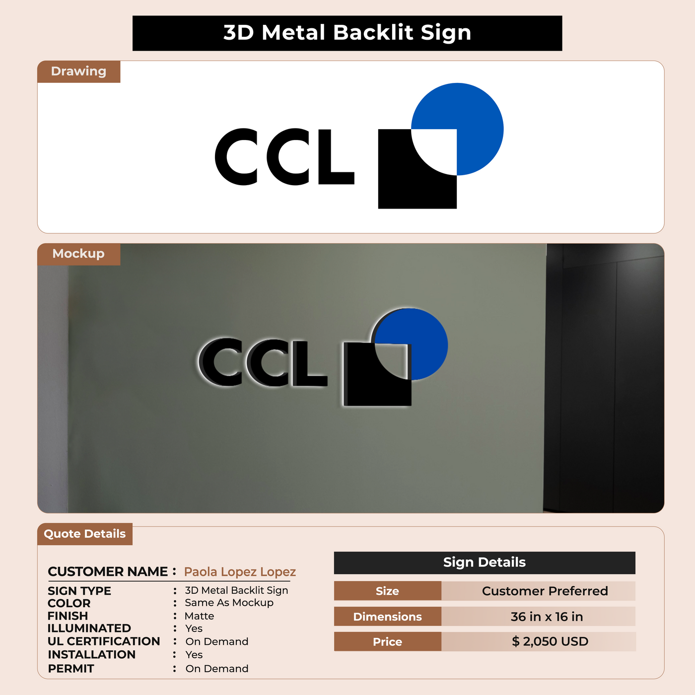 3D Metal Back-lit Sign For Paola Lopez