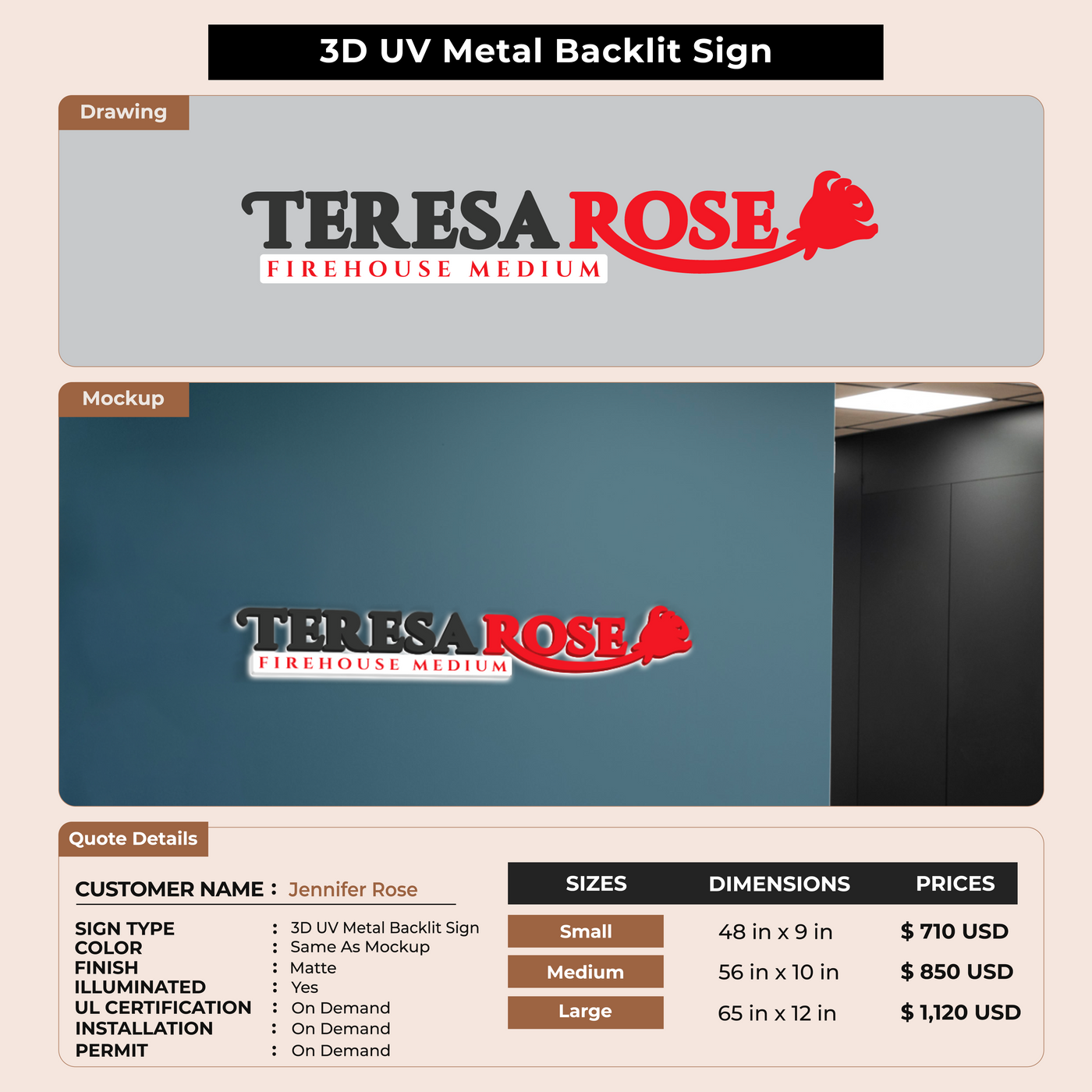 3D UV Metal Back-lit Sign For Jennifer Rose