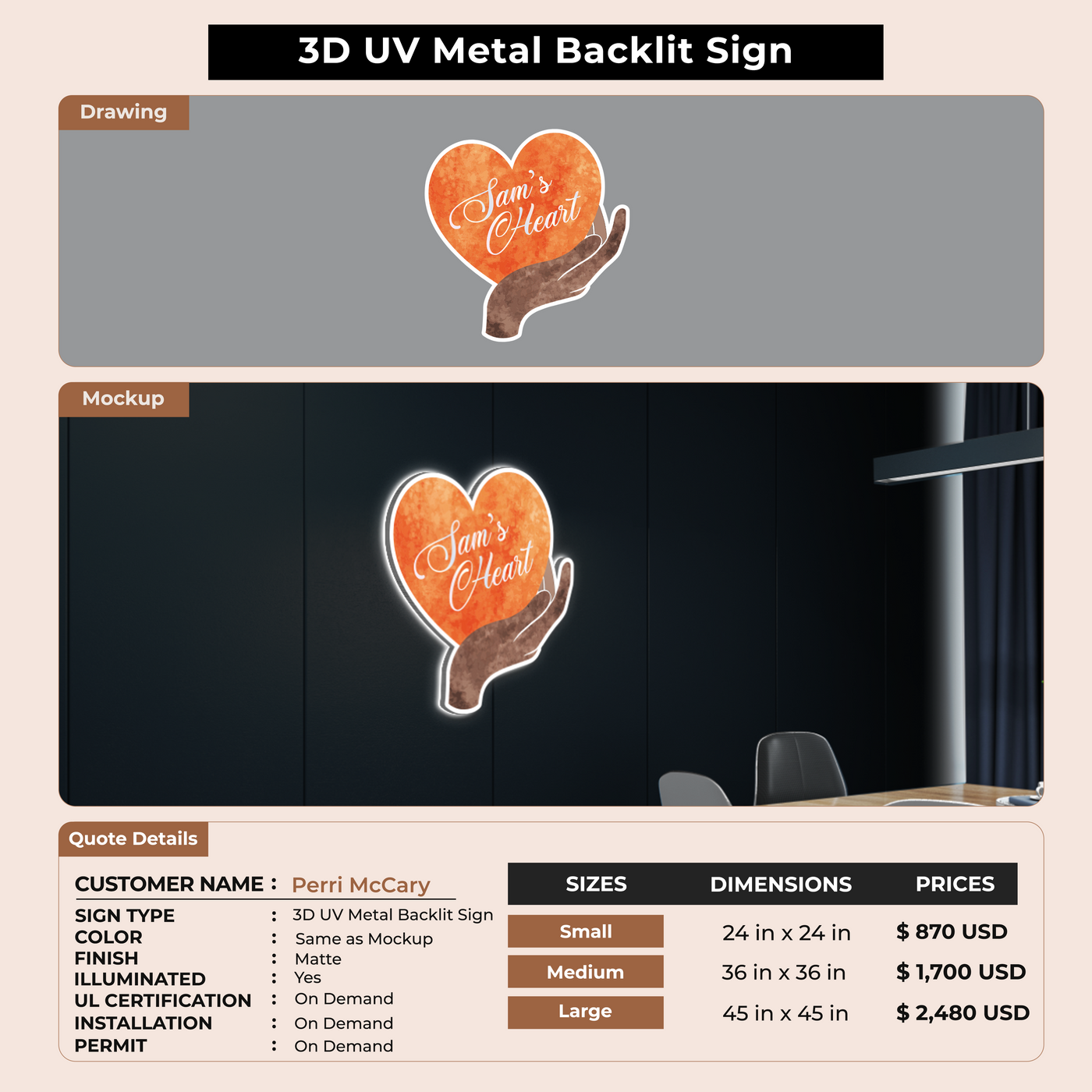 3D UV Metal Back-lit Sign For Perri McCary
