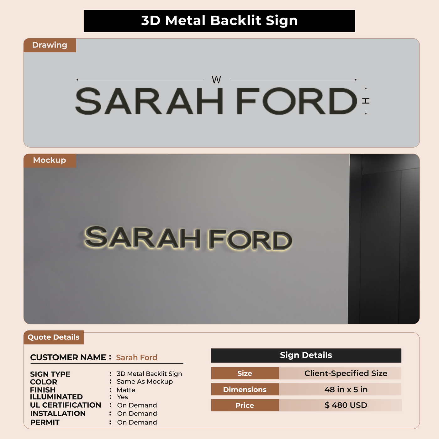 3D Metal Back-lit Sign For Sarah Ford