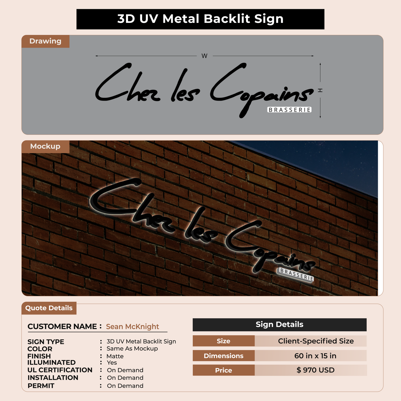 3D UV Metal Backlit Sign for Sean McKnight