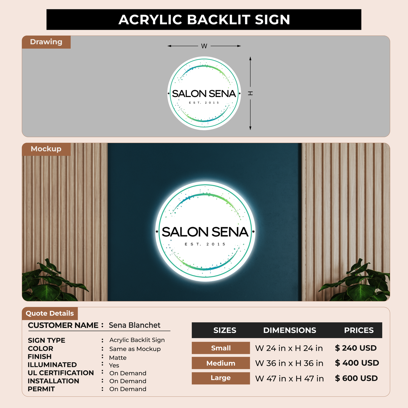 Acrylic Backlit Sign For Sena Blanchet