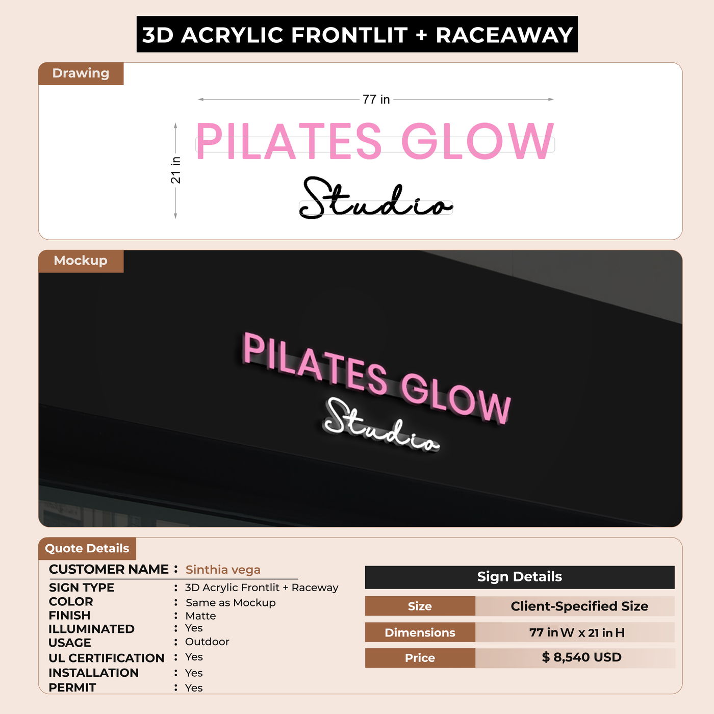 3D Acrylic Frontlit With Raceway for Sinthia vega