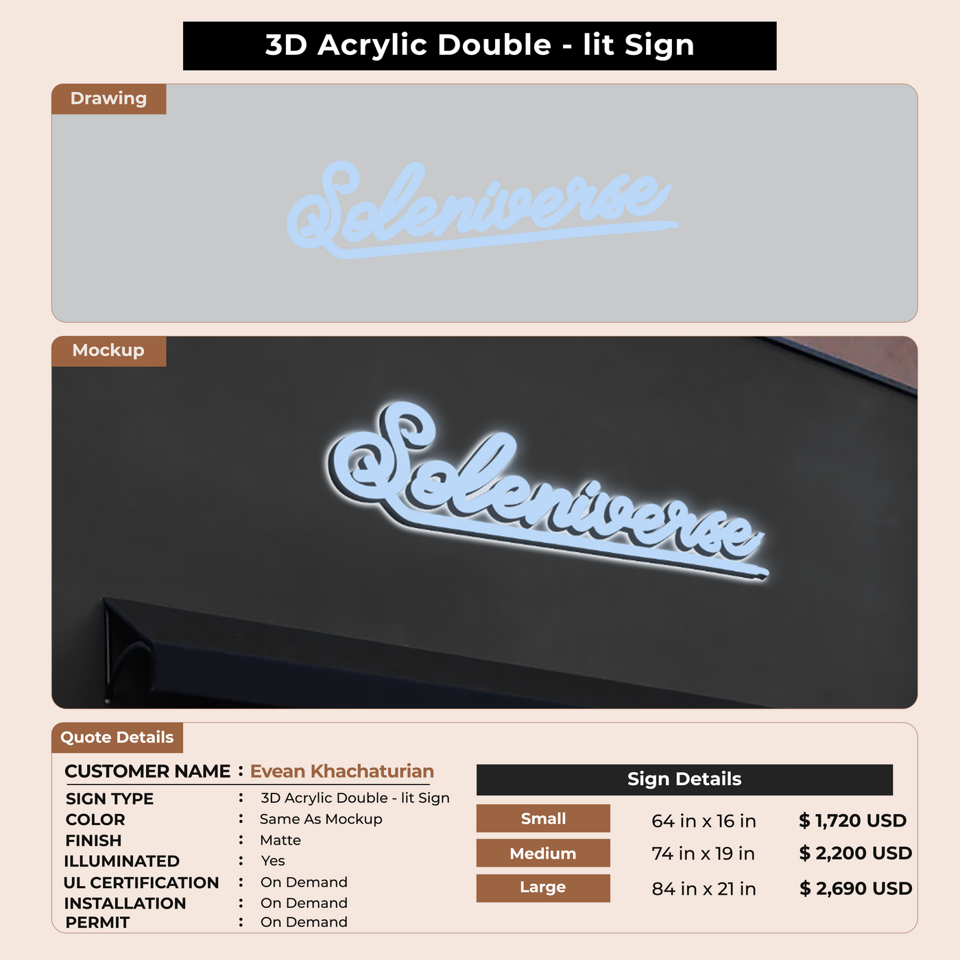 3D Acrylic Double-lit Sign For Evean Khachaturian
