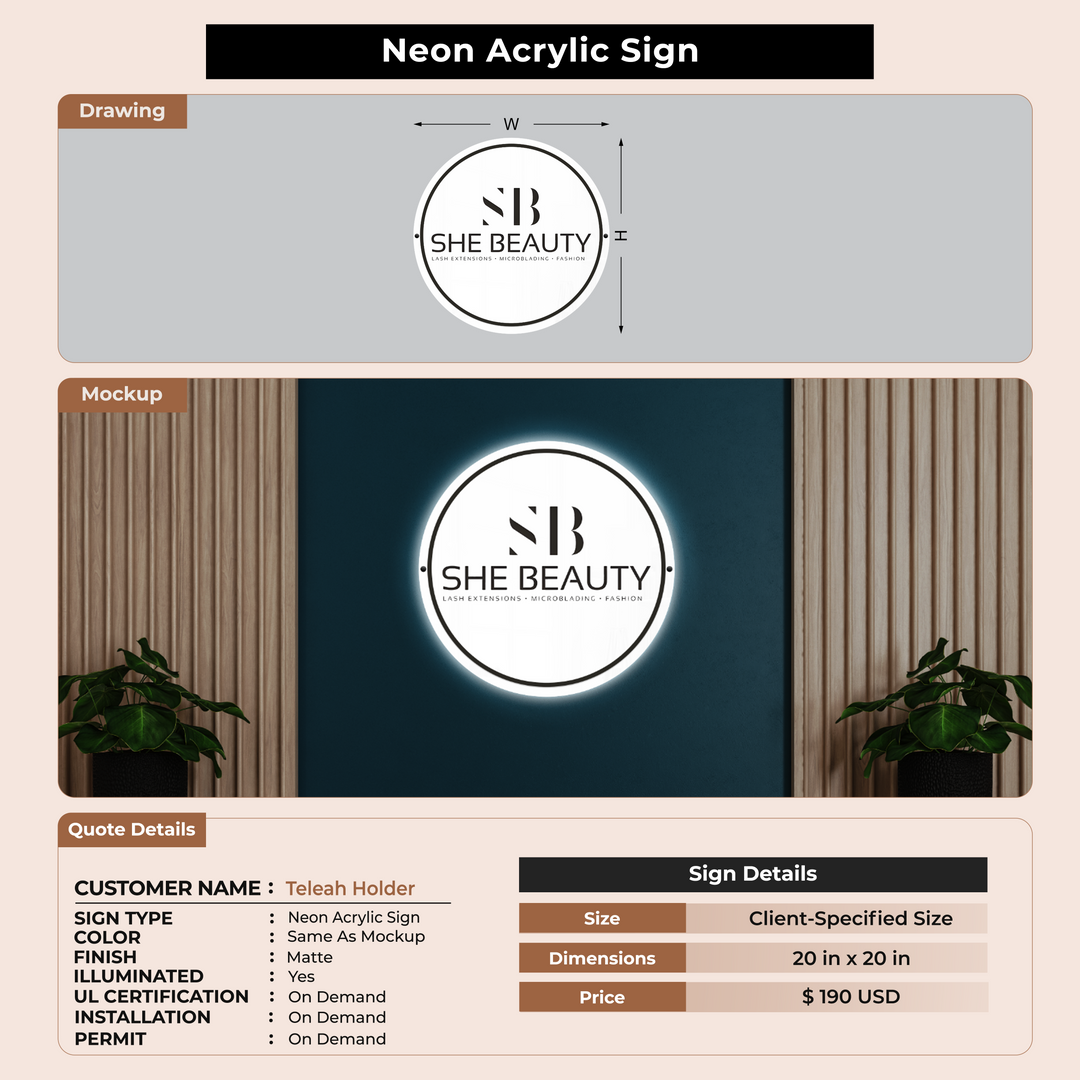 neon acrylic backlit sign for Teleah Holder