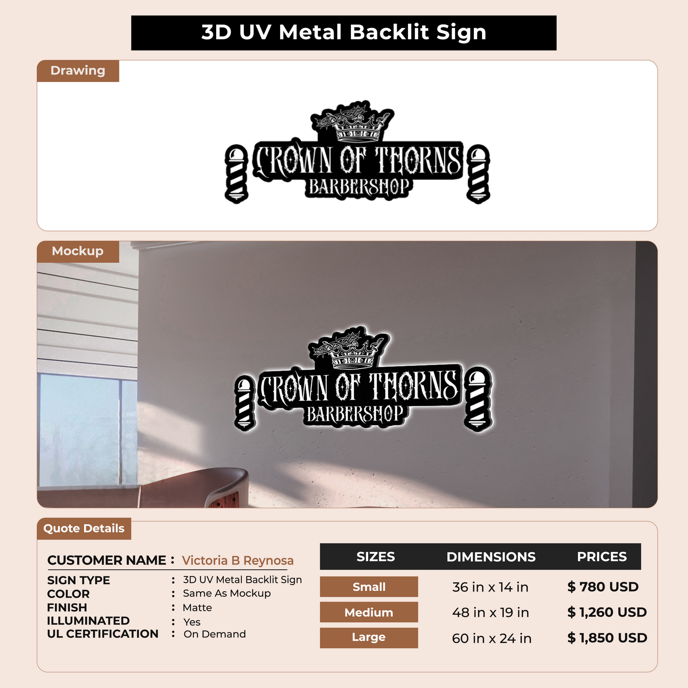 3D UV Metal Backlit Sign for Victoria B Reynosa