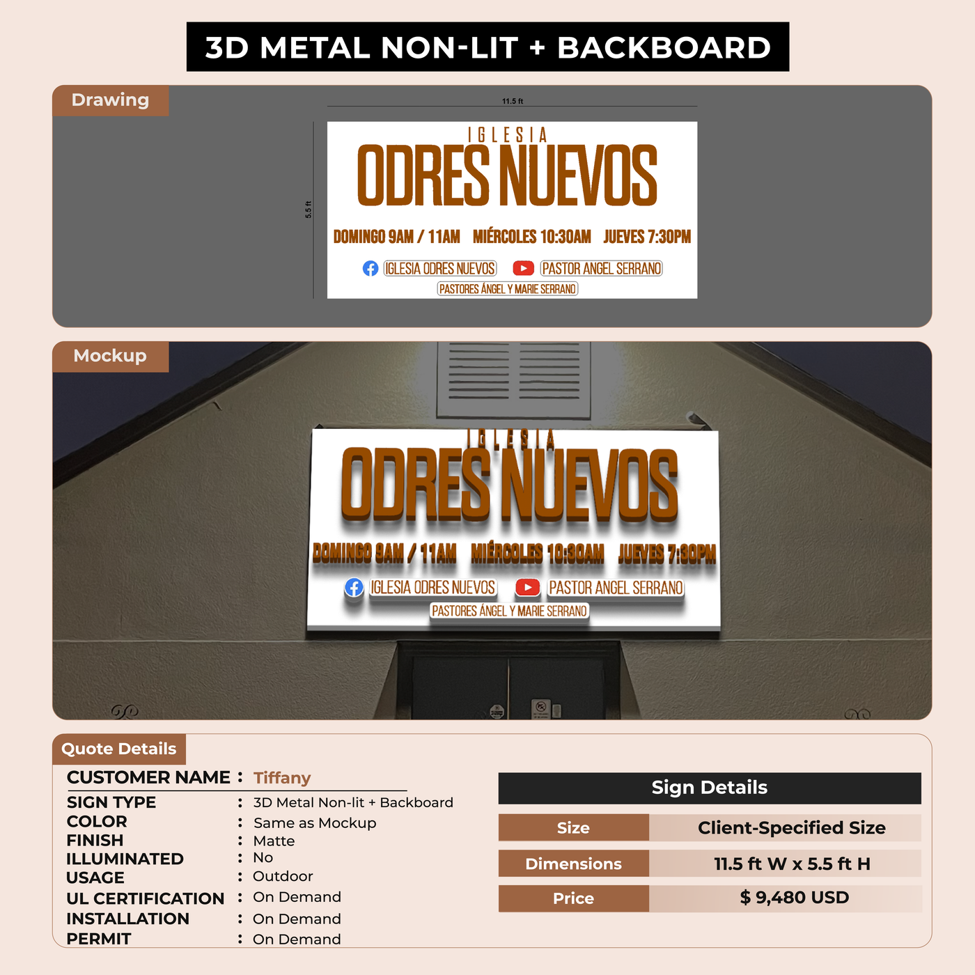 3D Metal Nonlit with Backboard Sign for Tiffany
