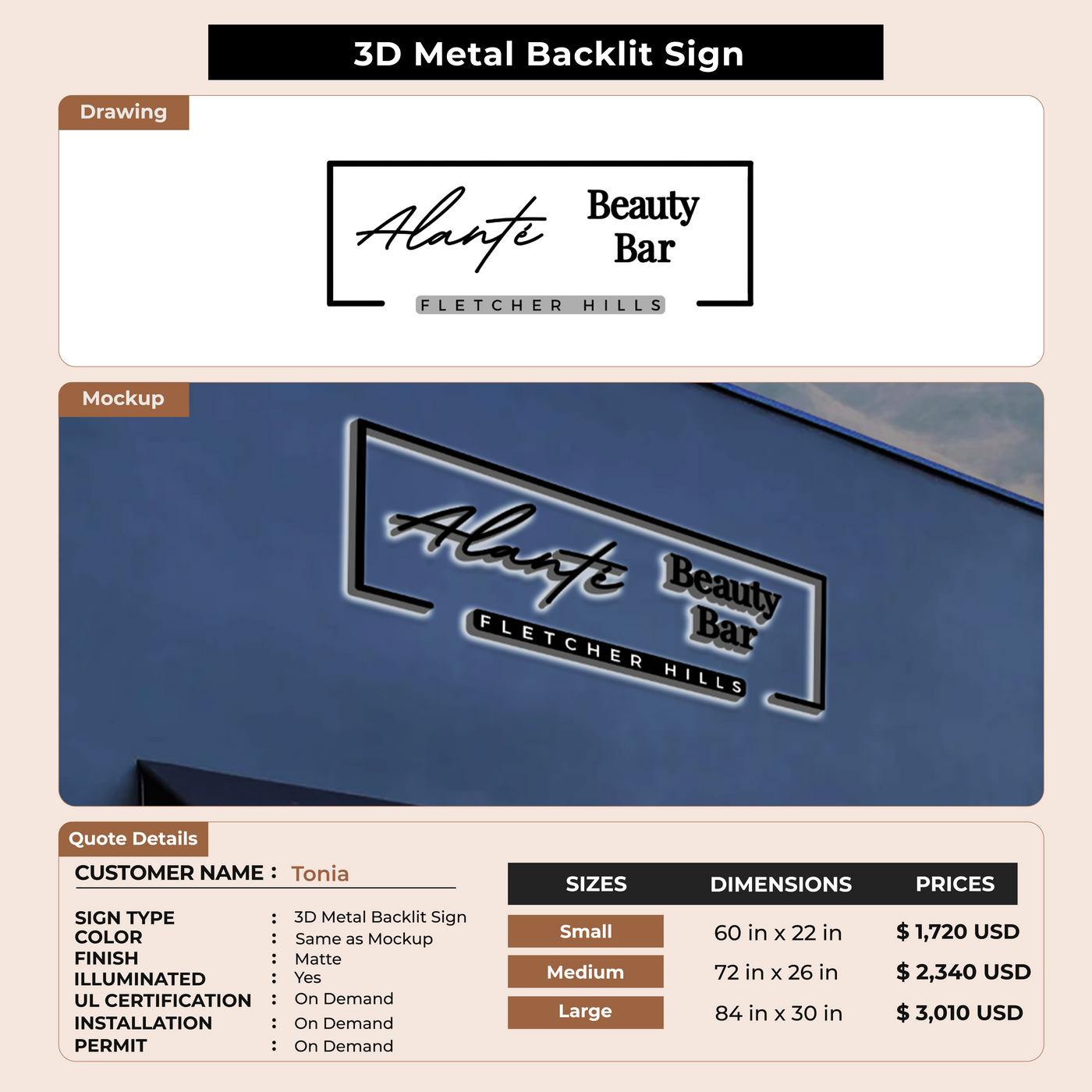 3D Metal Backlit Sign for Tonia