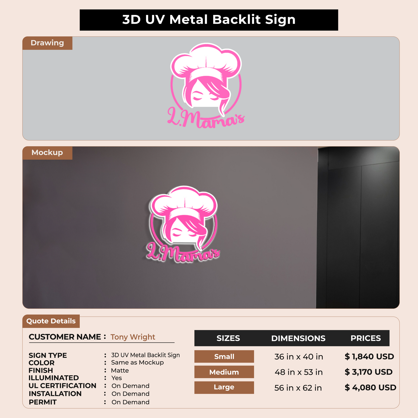 3D UV Metal Backlit Sign for Tony Wright