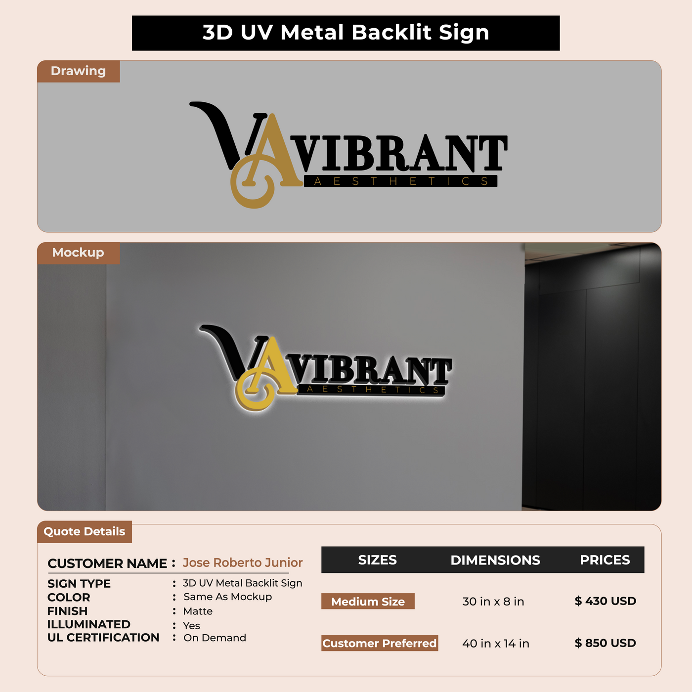 3D UV Metal Back-lit Sign For Jose Roberto Junior