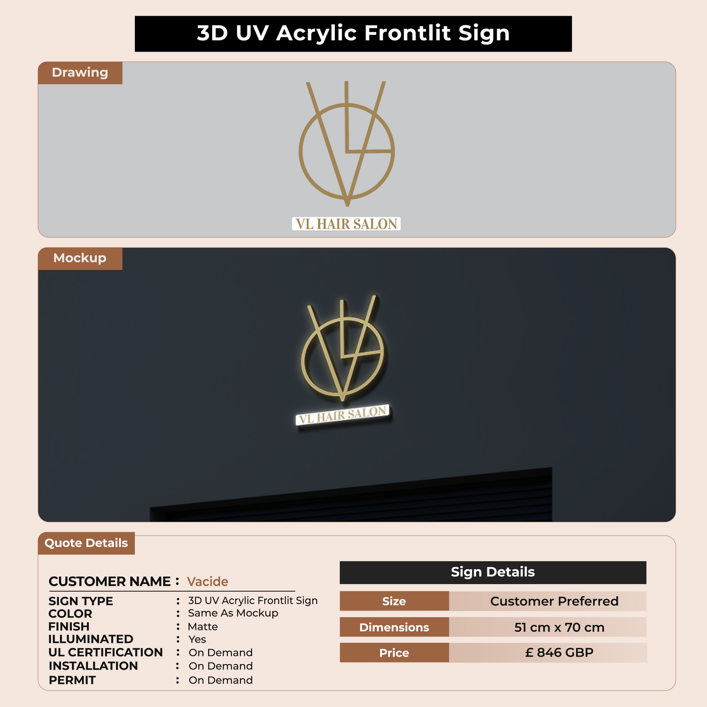 3D UV Acrylic Frontlit Sign for Vacide
