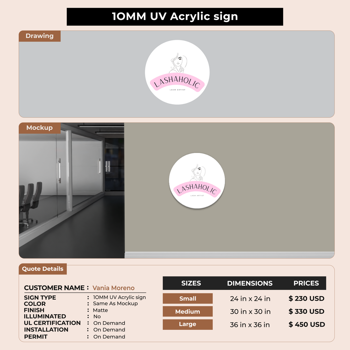 10mm UV Acrylic Sign for Vania Moreno