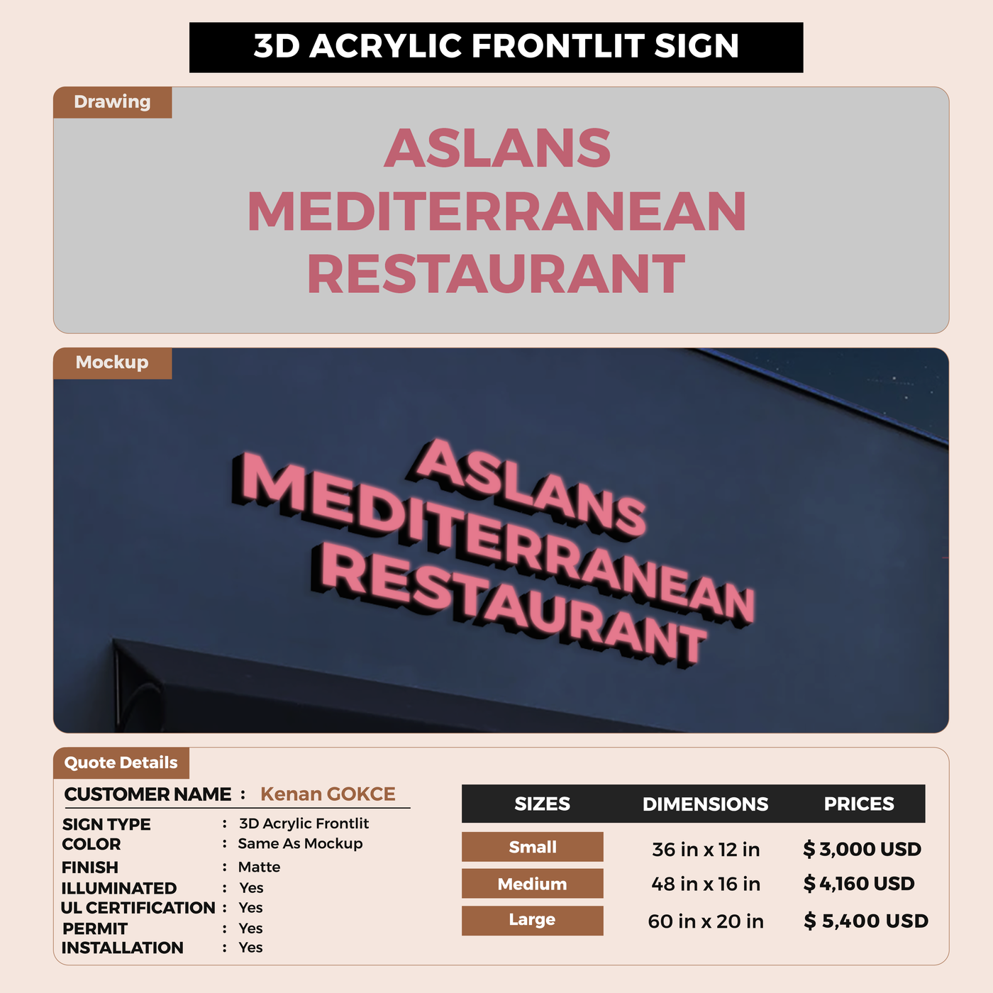 Business signage for Kenan GOKCE