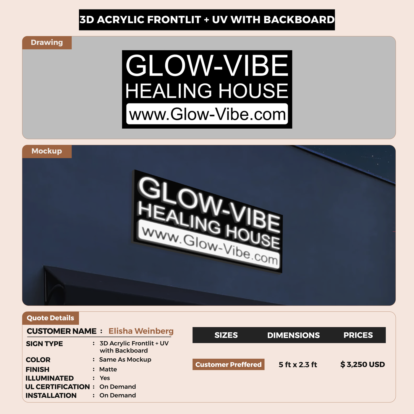 3d acrylic frontlit with backboard for Elisha Weinberg