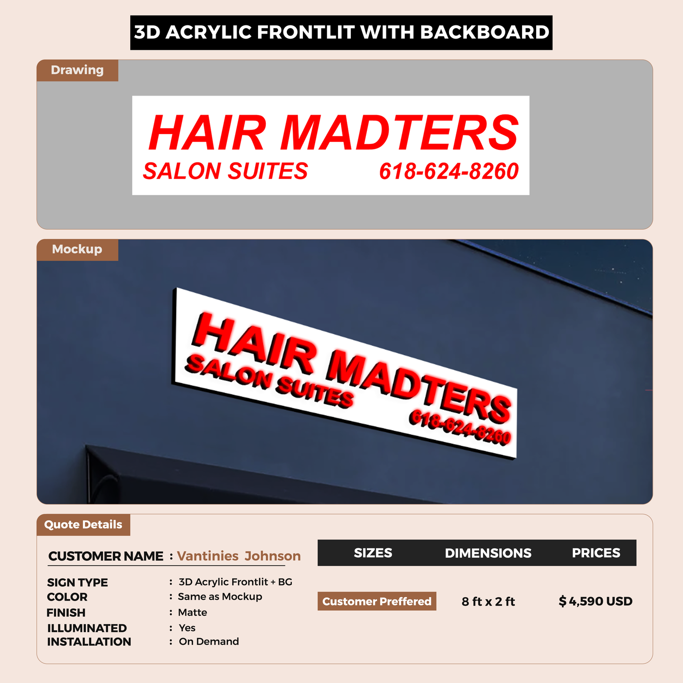 3d acrylic frontlit with backboard For Vantinies Johnson