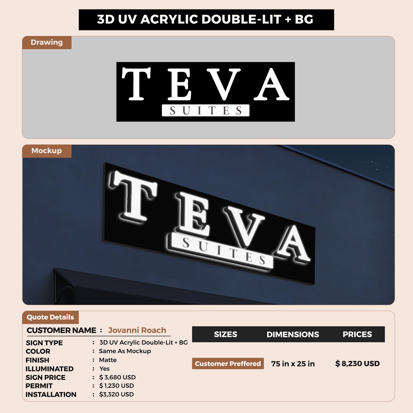 3D UV Acrylic Double-lit Sign For Jovanni Roach
