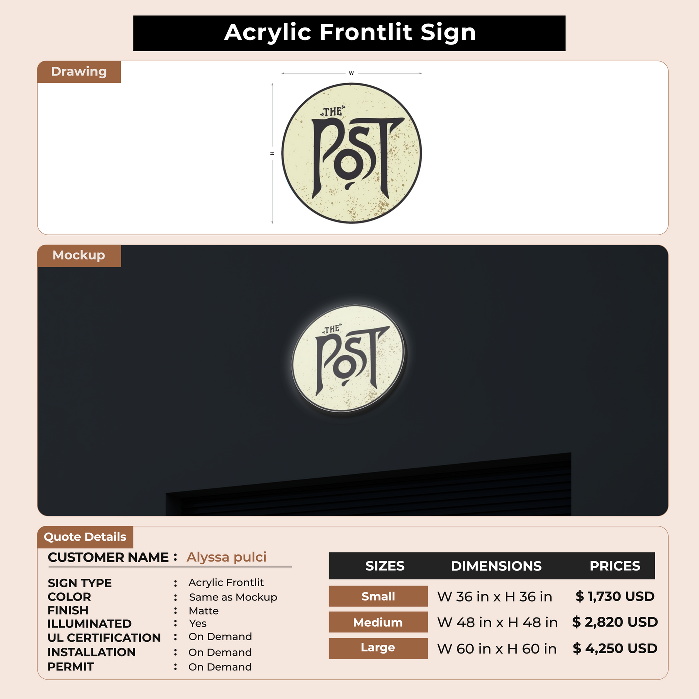 Acrylic Frontlit Sign for Alyssa pulci