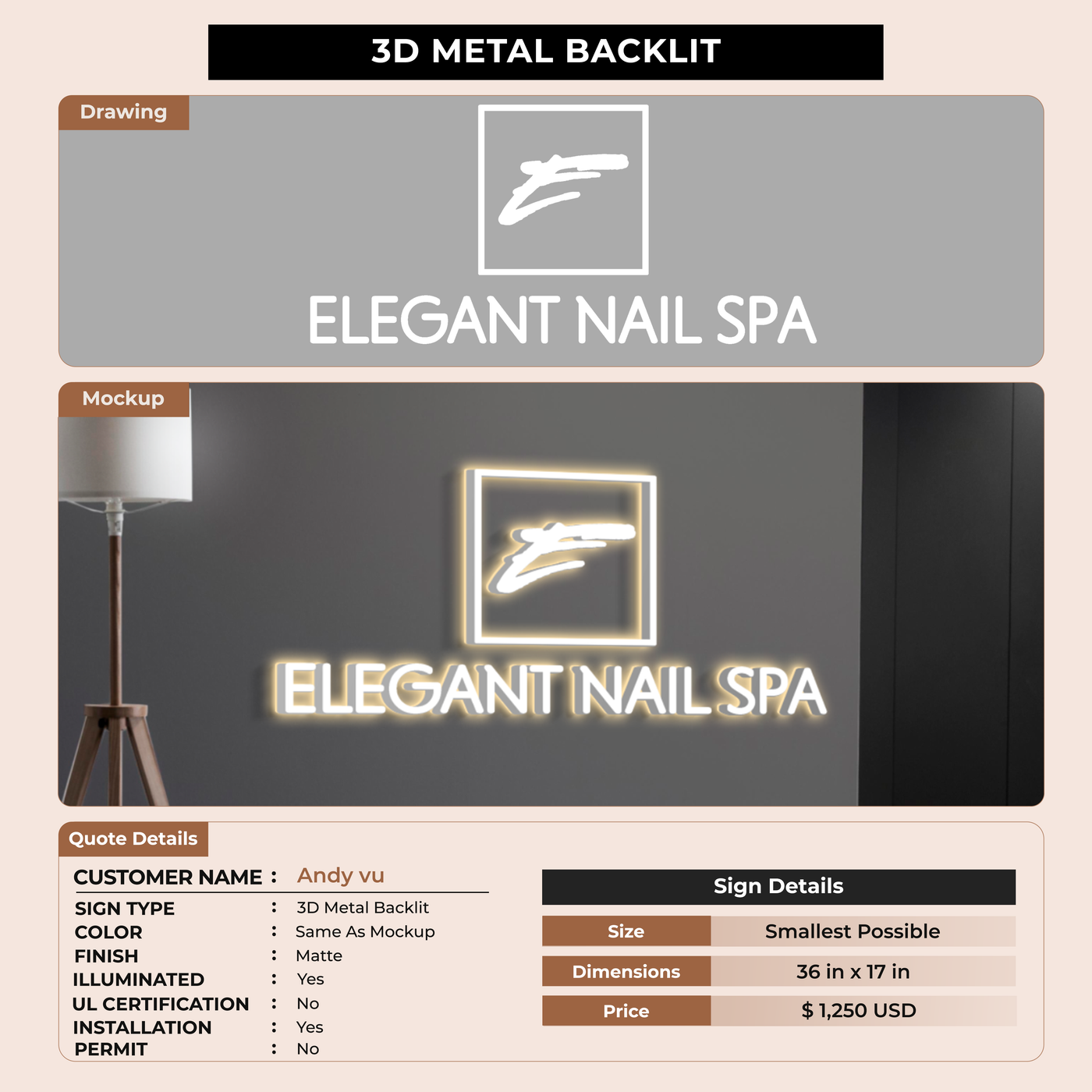 3D Metal Backlit Sign for Andy vu