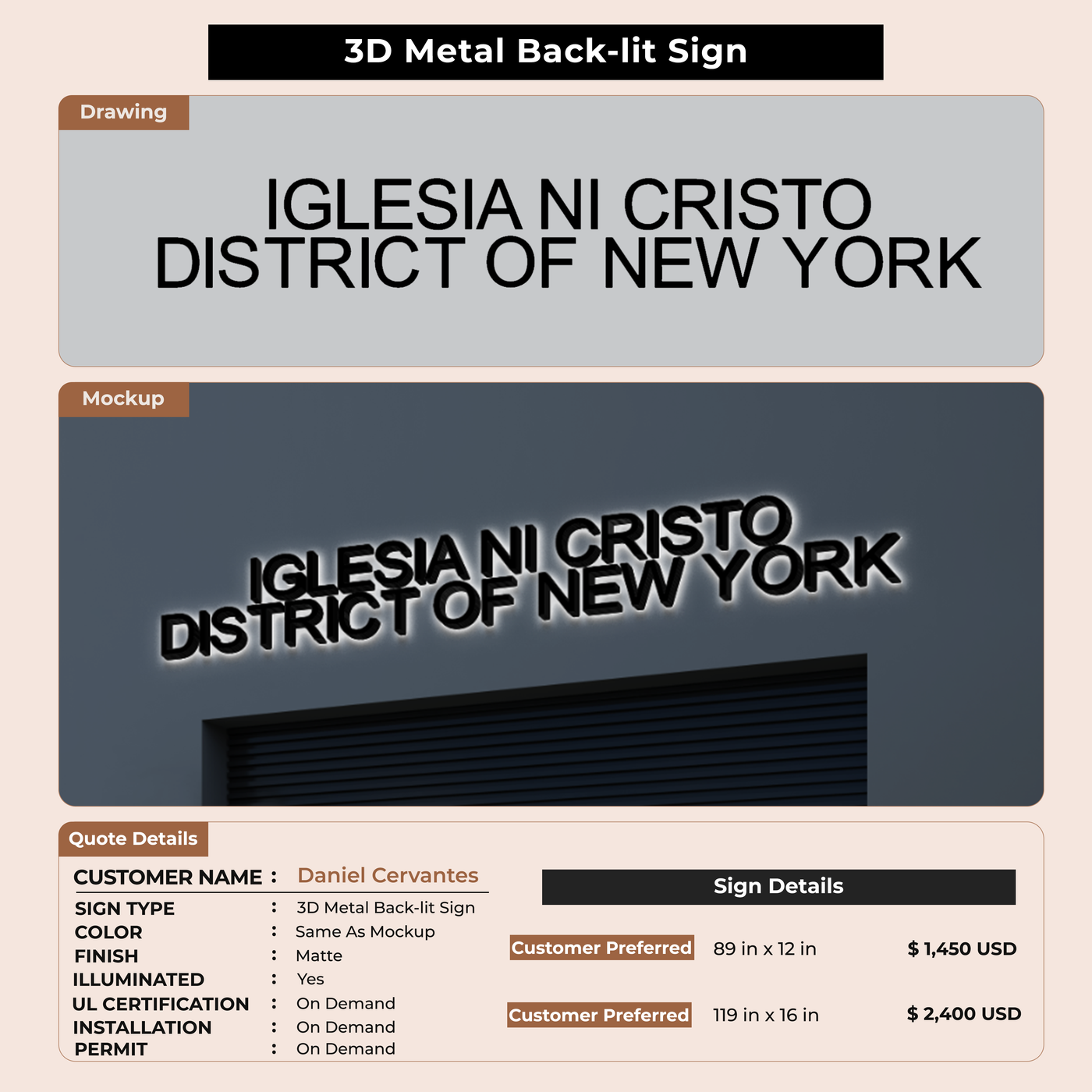 3D Metal Back-lit Sign For Daniel Cervantes