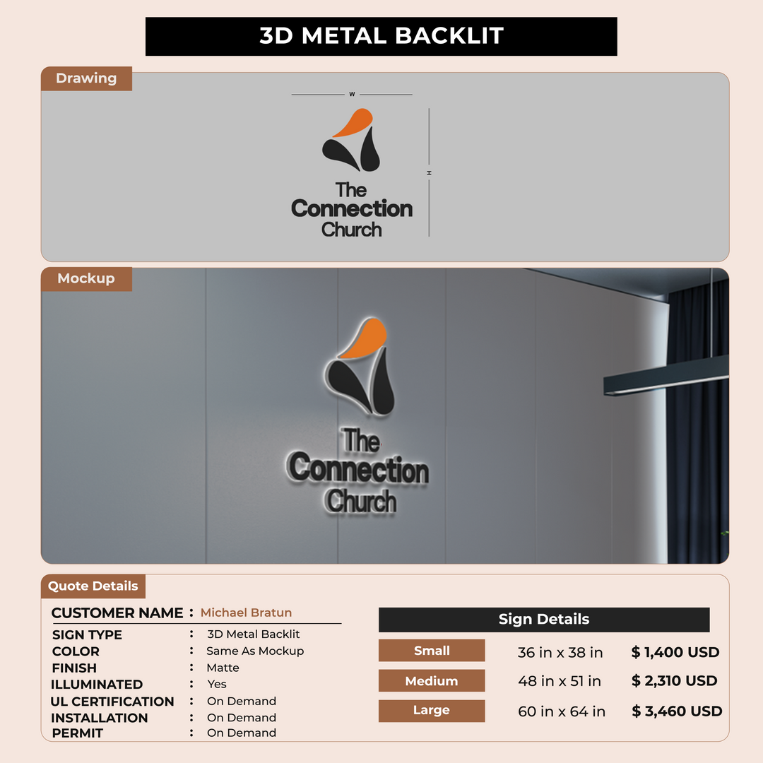 3D Metal backlit sign for Michael Bratun