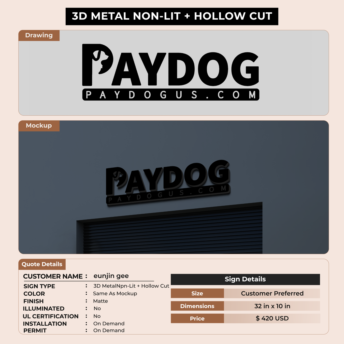 3D Metal Non-Lit With Hollow Sign for eunjin gee