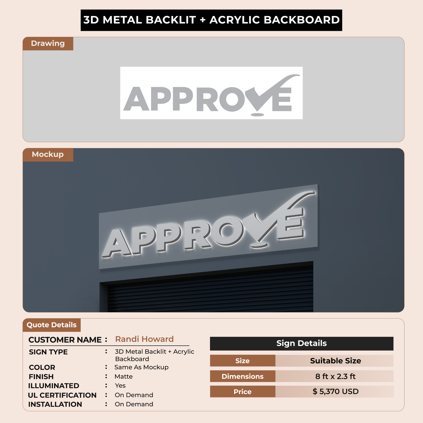 3D Metal Backlit Sign with Board for Randi Howard