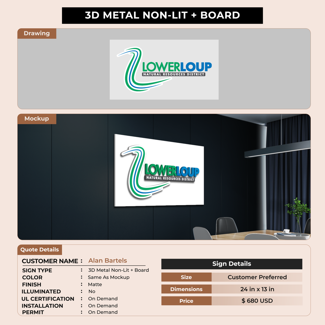 3D UV Metal Non-lit with backboard Sign for Alan Bartels