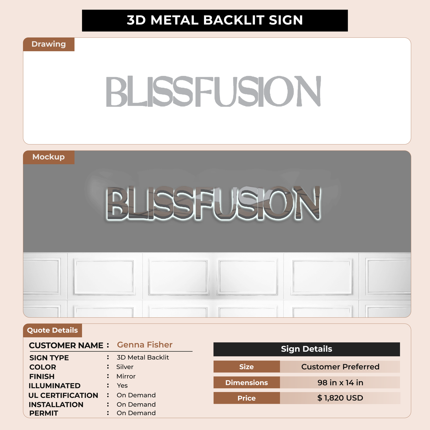 3D Metal Backlit Signs for Genna Fisher