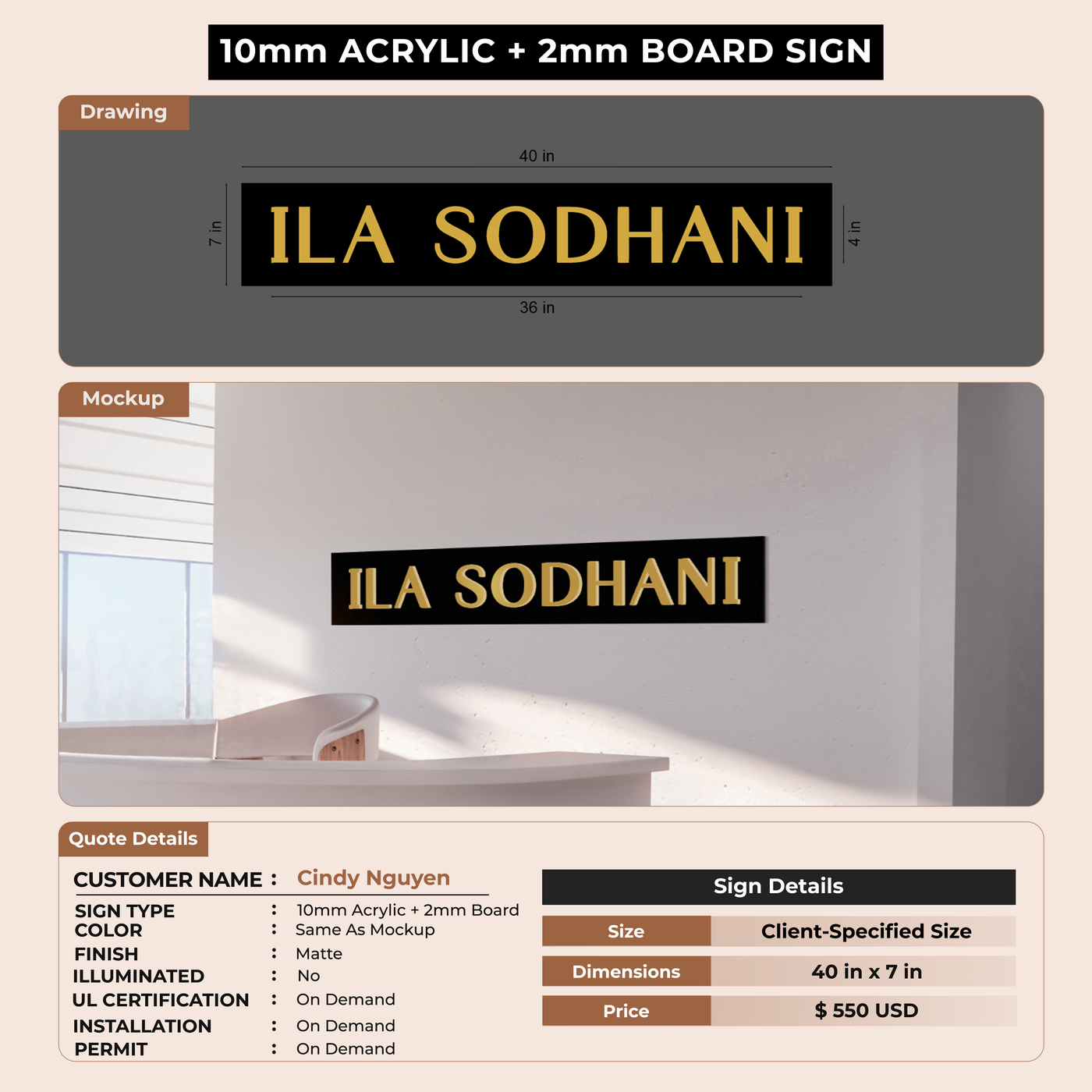 10mm acrylic sign with 2mm board for Cindy Nguyen
