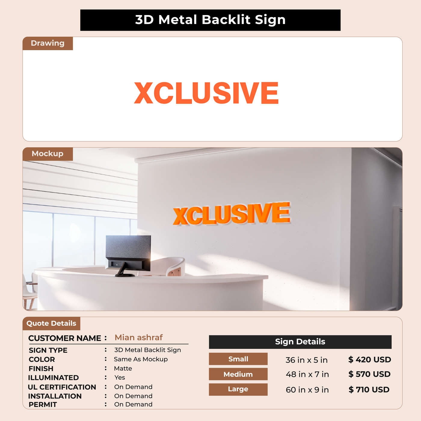 3D Metal Back-lit Sign For Mian ashraf