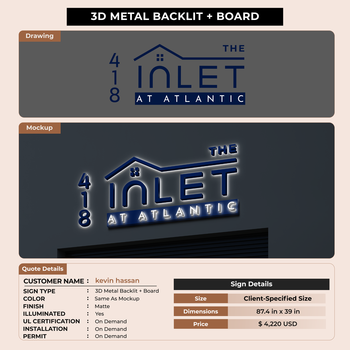 3D Metal Backlit with Board Sign for kevin hassan