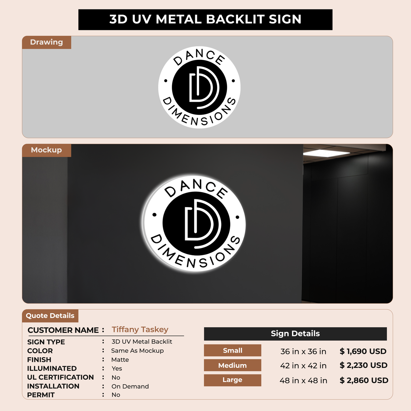 3D UV Metal Backlit Sign for Tiffany Taskey