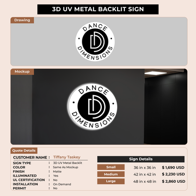 3D UV Metal Backlit Sign for Tiffany Taskey