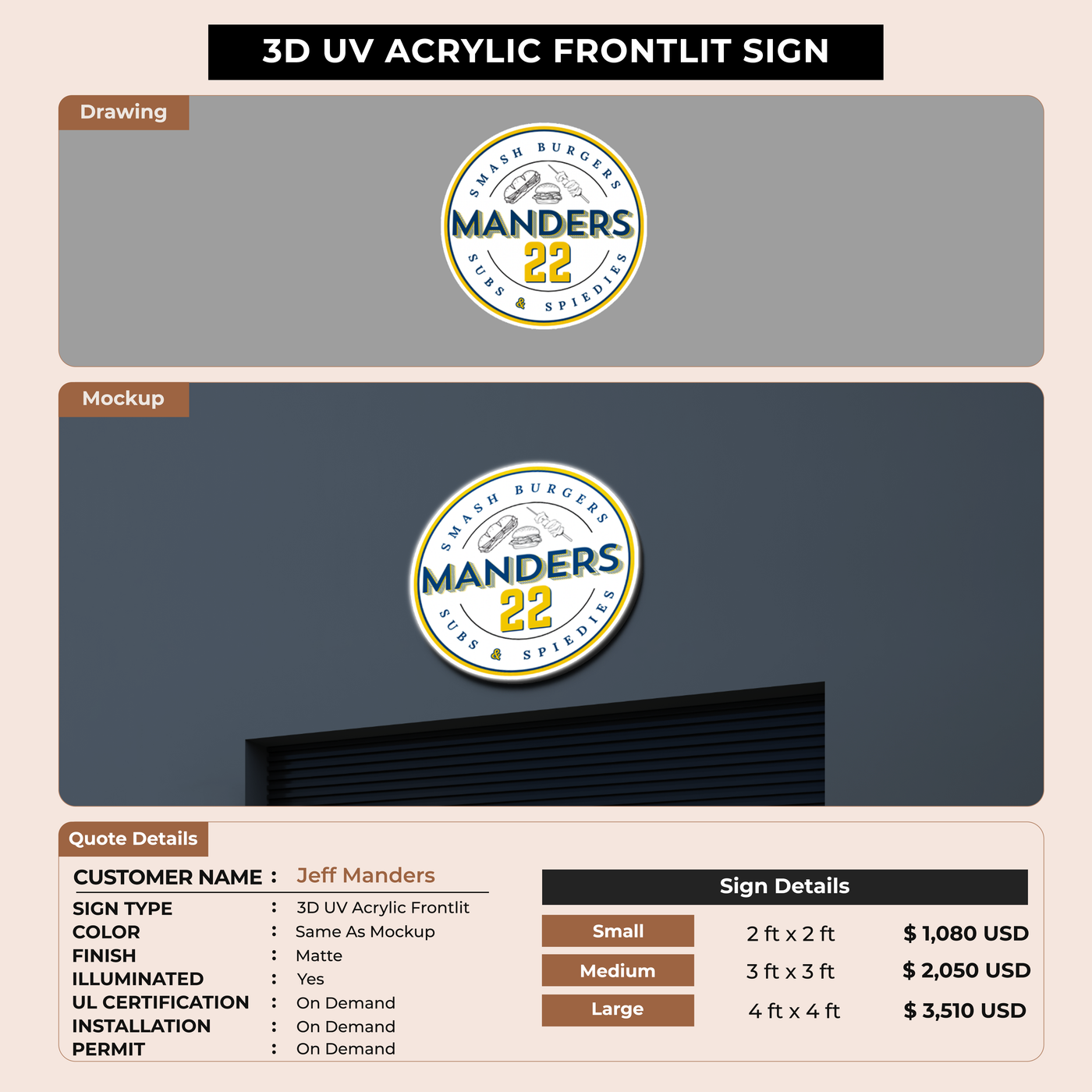 3D UV Acrylic Frontlit Sign for Jeff Manders