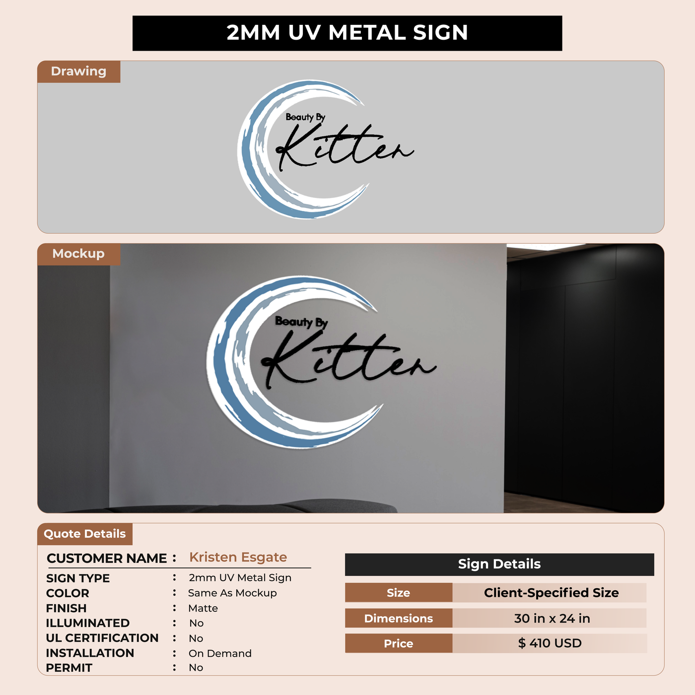 5mm  UV Metal Sign for Kristen Esgate