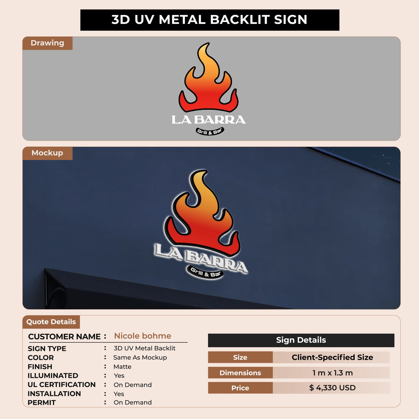 3D UV Metal Backlit Sign for Nicole bohme