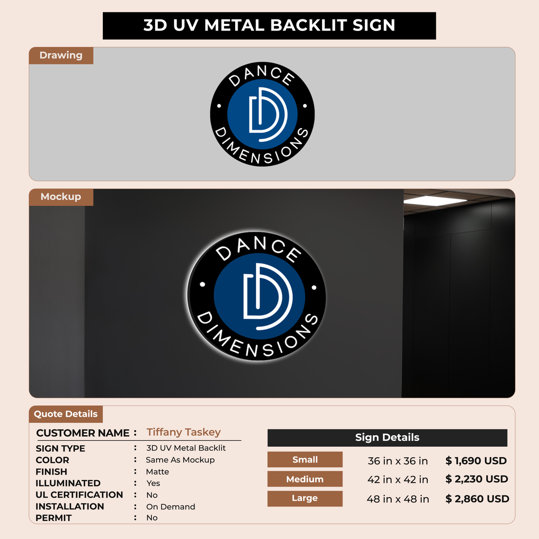 3D UV Metal Backlit Sign for Tiffany Taskey