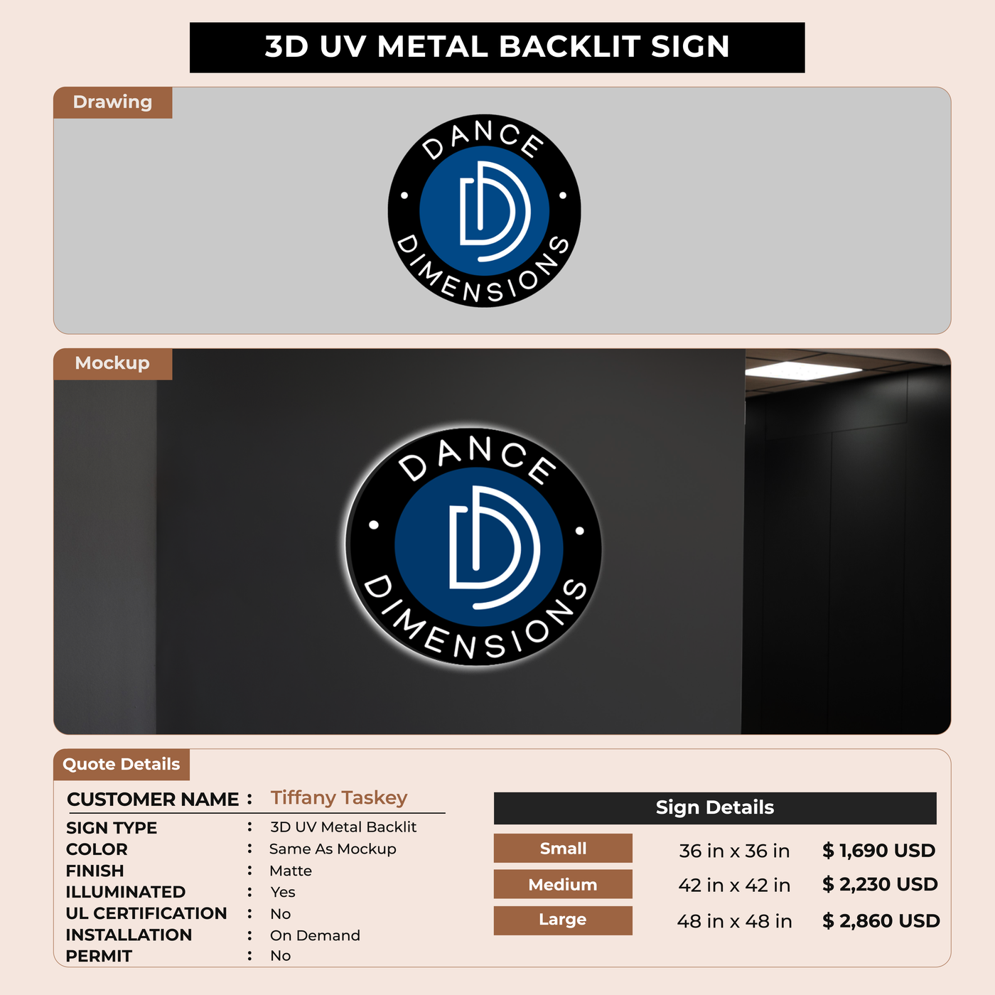 3D UV Metal Backlit Sign for Tiffany Taskey