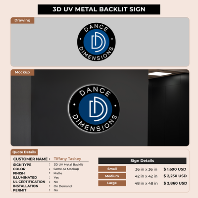3D UV Metal Backlit Sign for Tiffany Taskey