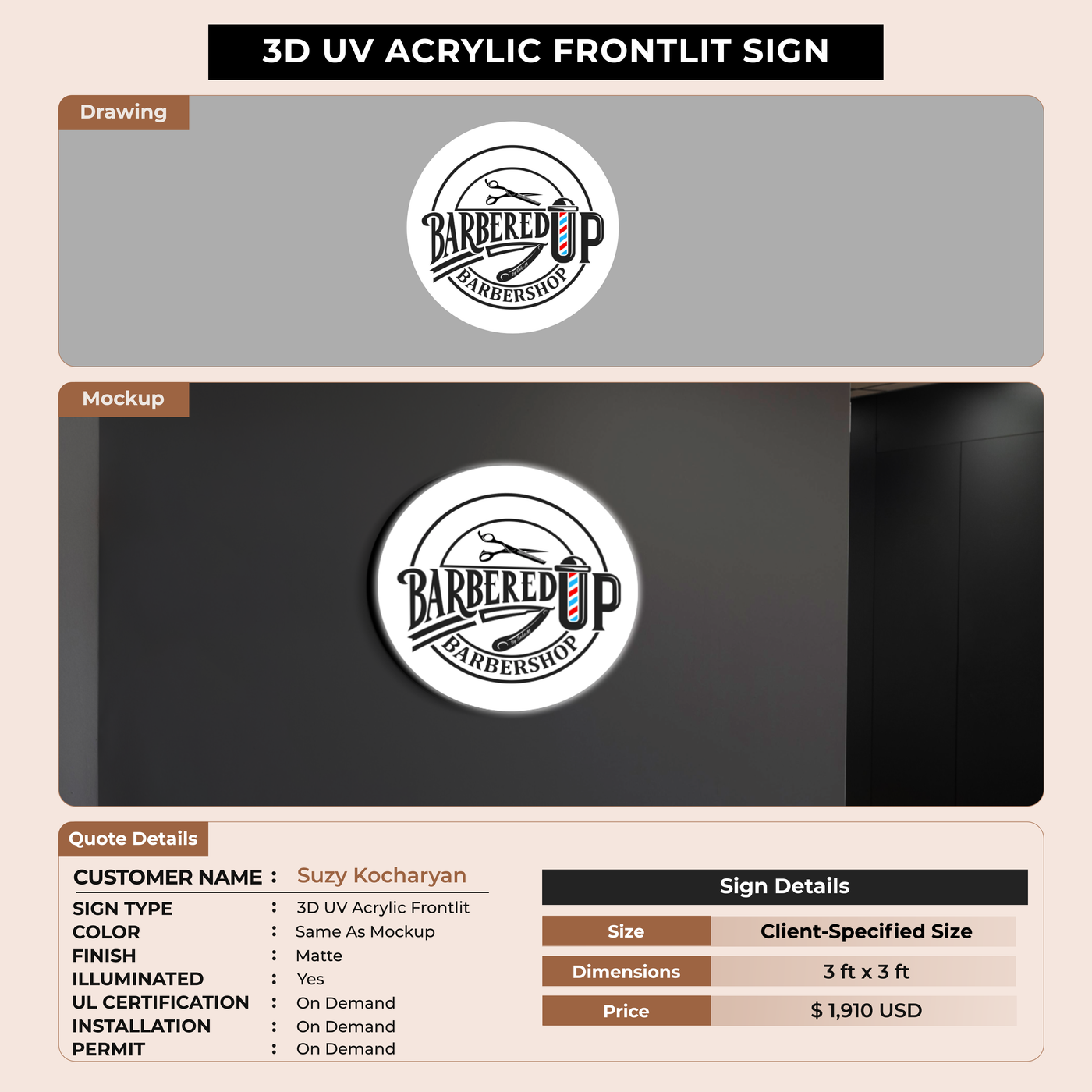 3d UV acrylic frontlit for Suzy Kocharyan