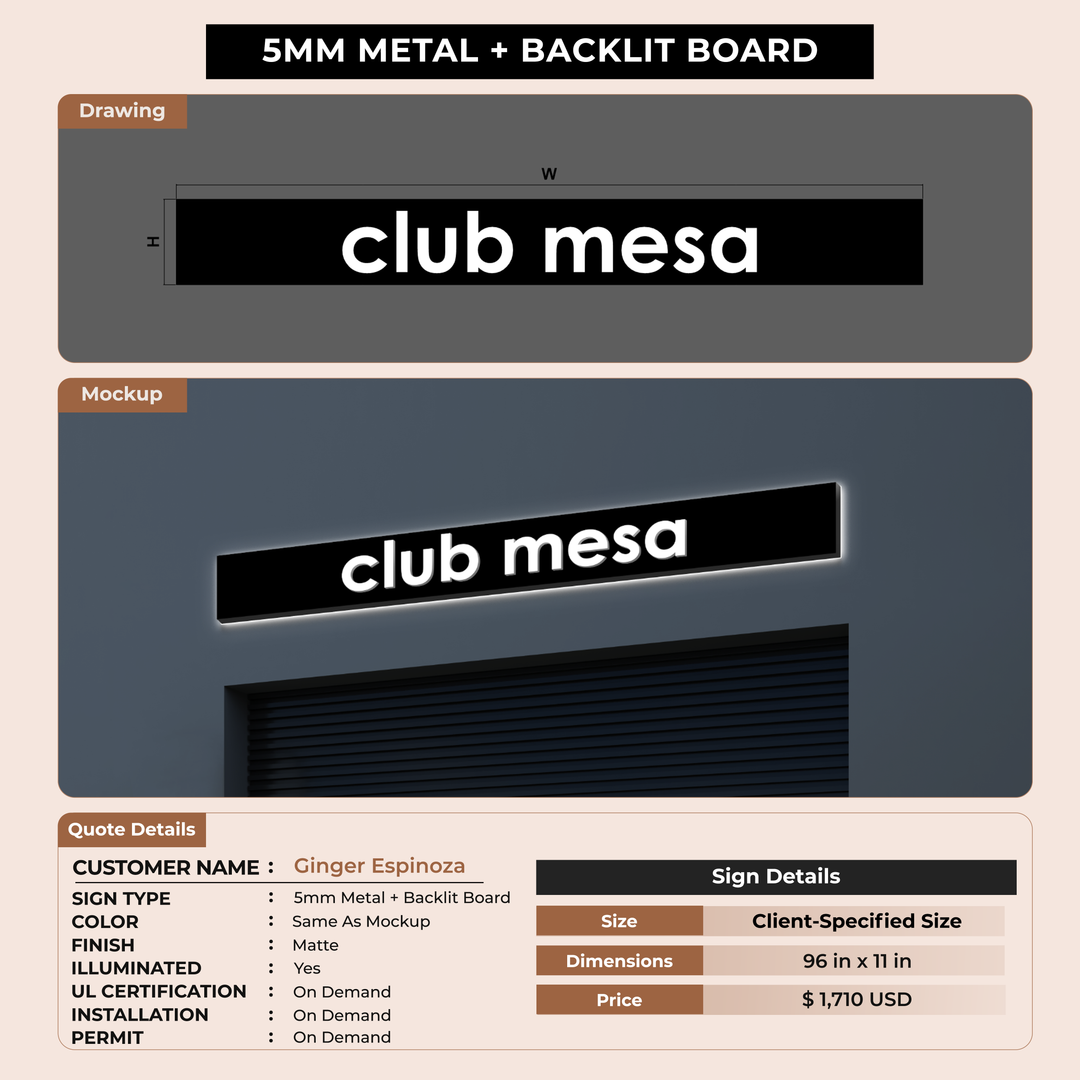 5mm metal sign with backlit backboard for Ginger Espinoza